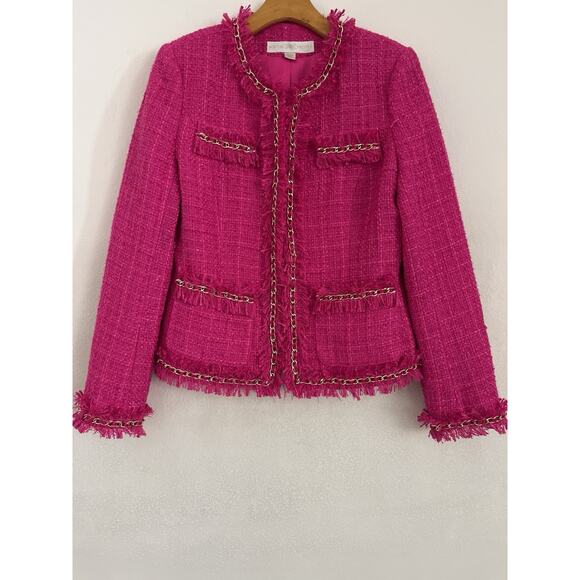 Boston Proper Blazer Women 10 Pink Tweed Barbie Preppy Old Money Cropped - Picture 2 of 9